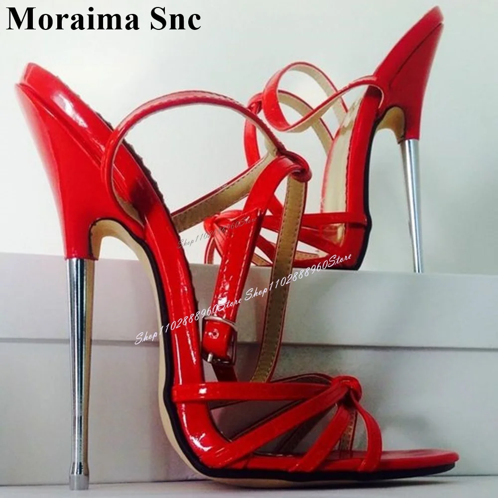 Sexy Red Metal Heel Leather Narrow Band Sandals Thin High Heel Women Shoes Ankle Buckle Strap Open Toe 2024 Zapatos Para Mujere