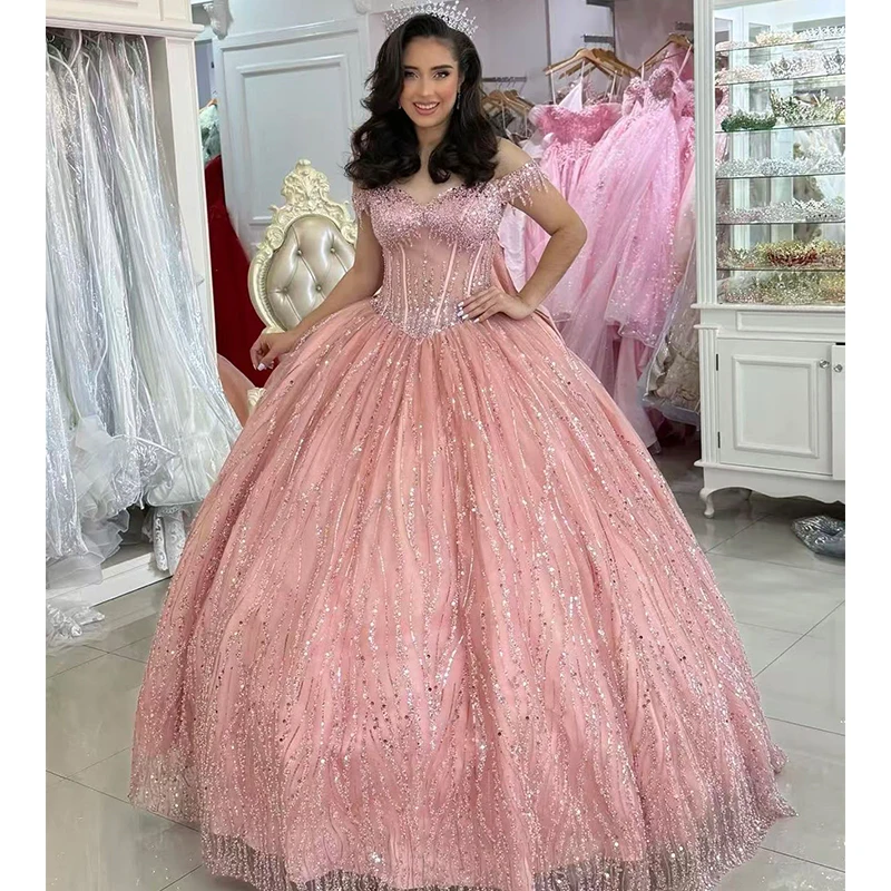 

High Quality Quinceneara Dress Embroidered Lace On Net With Sequins Princess Ballgown Off The Shoulder Customized Birthday Party