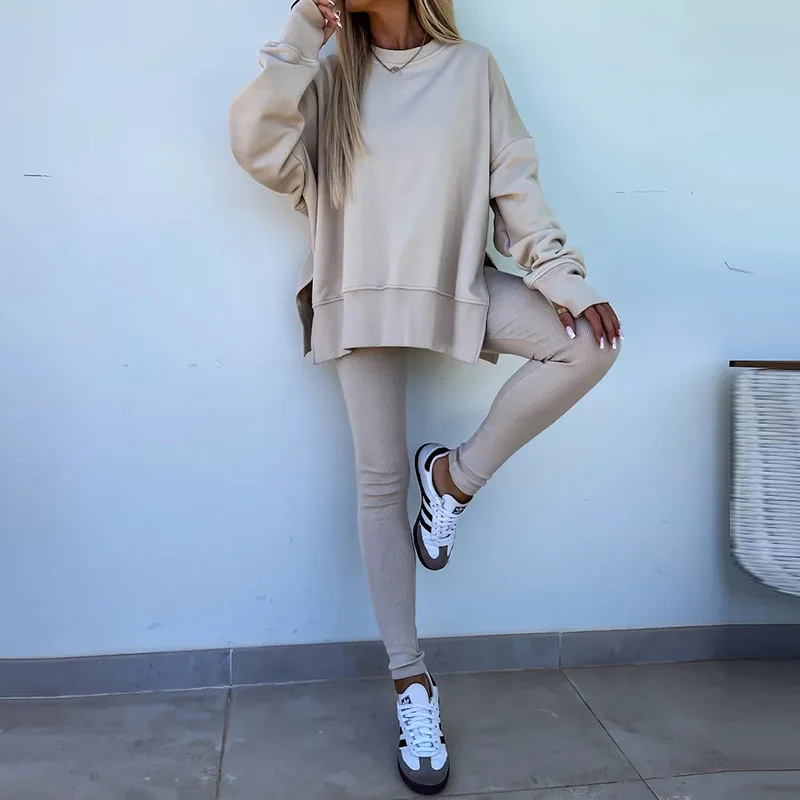 2024 O-Neck Long Sleeved Sweatshirt Tops&Legging Two Piece Tracksuit New Winter Solid Commuter Suit Autumn Lady Sportwear Women