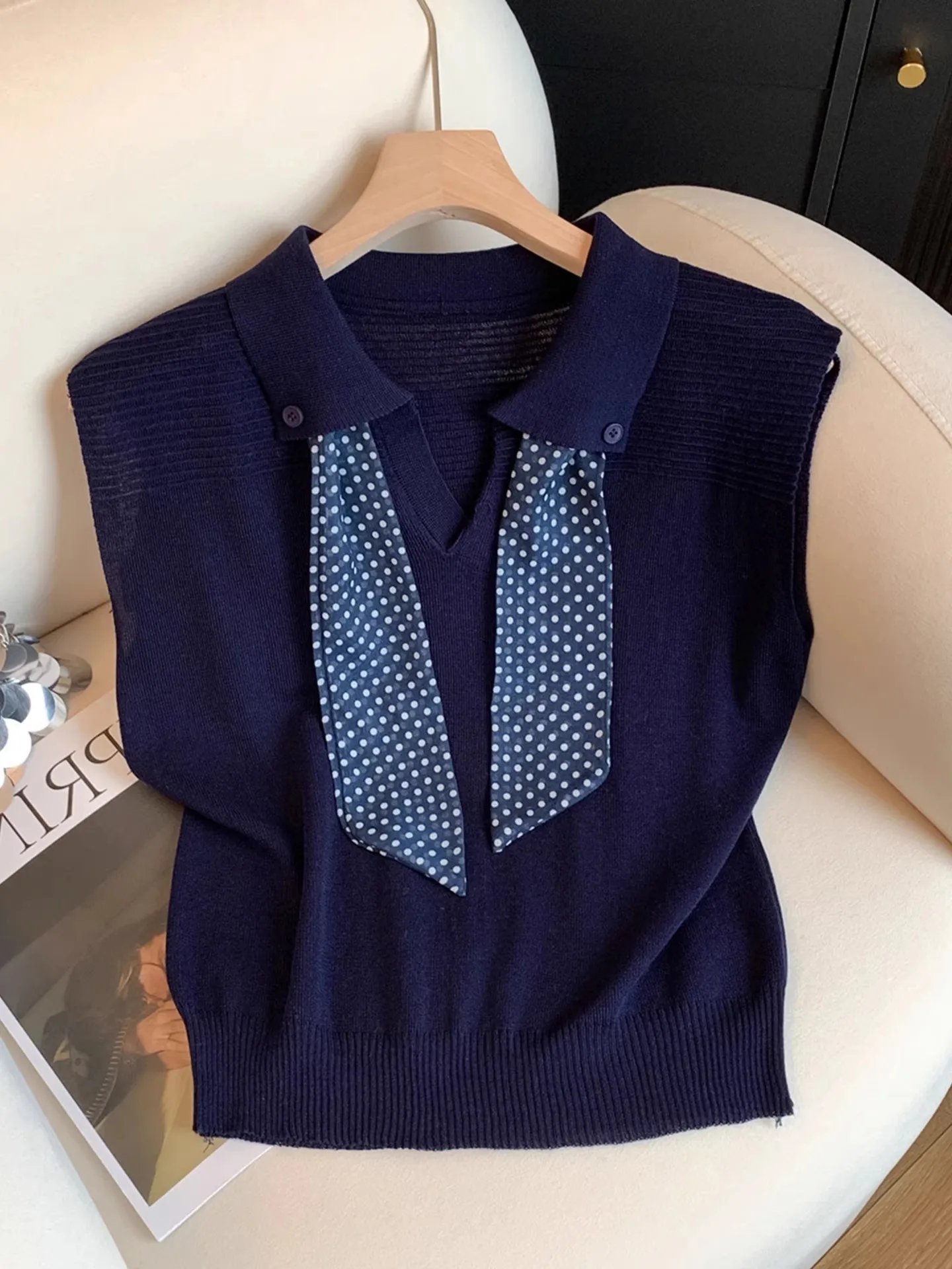 Top de Punto con Cuello , Diseño Coreano, Color Puro, Estilo Chic, Verano 2025, Nuevo Modelo de Moda para Mujer, Corte Re...