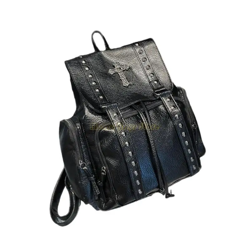 X90D Casual School Bag PU Leather Backpack dengan Rivet Detail Esthetic Rucksack