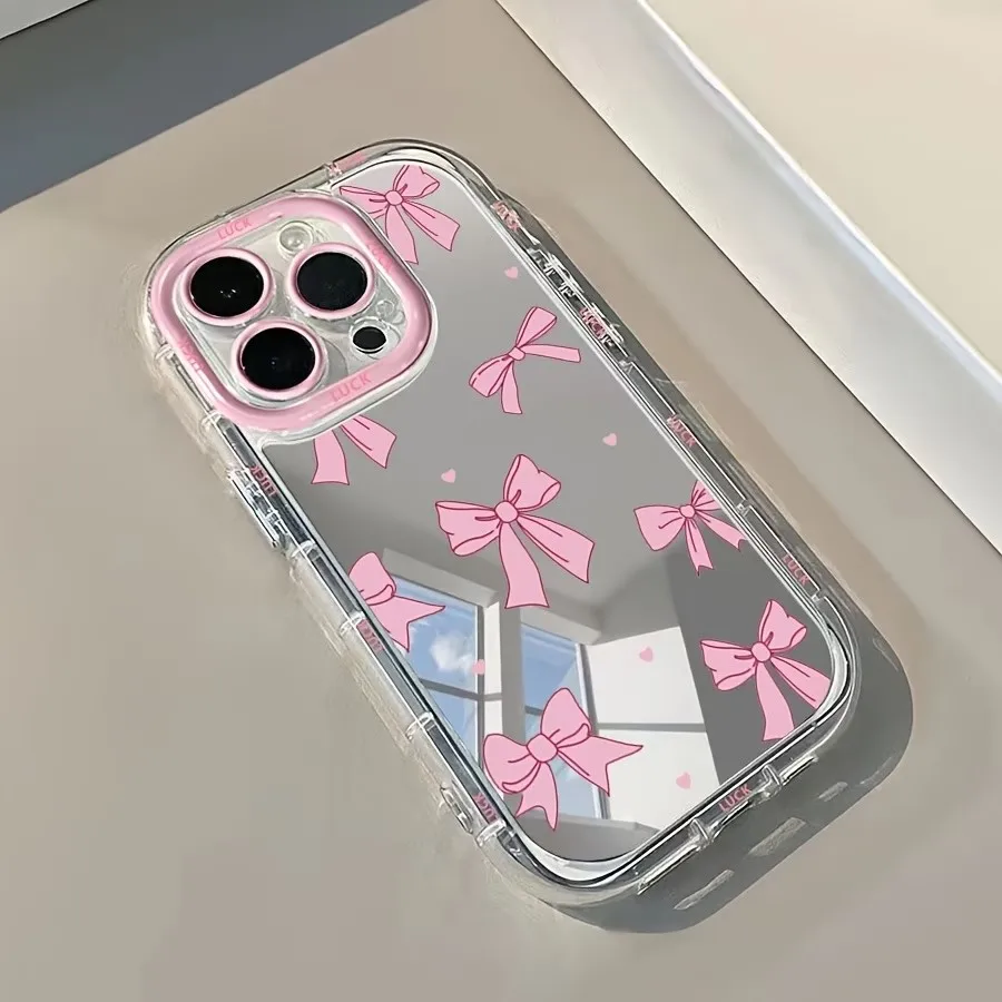 INS Koreanische Einfache Blau-Rosa Schleife Mädchen Spiegel Niedliche Handyhülle für iPhone 17 16 15 Pro Max 14 13 12 11 XS XR X 7 8 Plus TPU Hülle – Detail 3