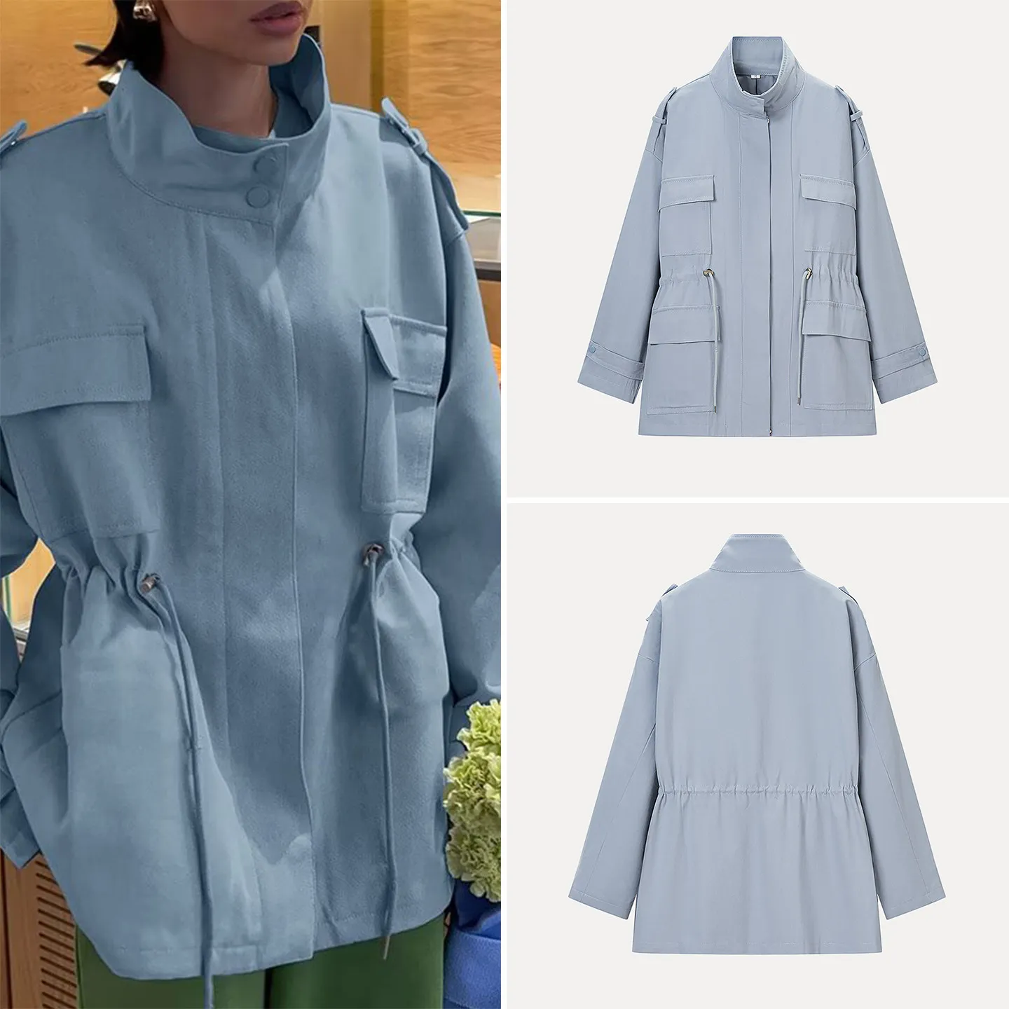 Blue Midi-Length Women's Jacket with Waist Cord Drawstring Simple Stylish Summer 2026 Fashion Outerwear for Ladies