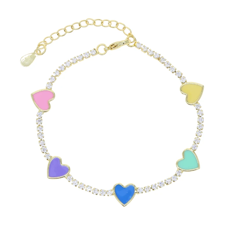 

Pastel Enamel Heart Charm 2mm CZ Tennis Chain Colorful Summer Girl Women Hot Selling Fashion Bracelet