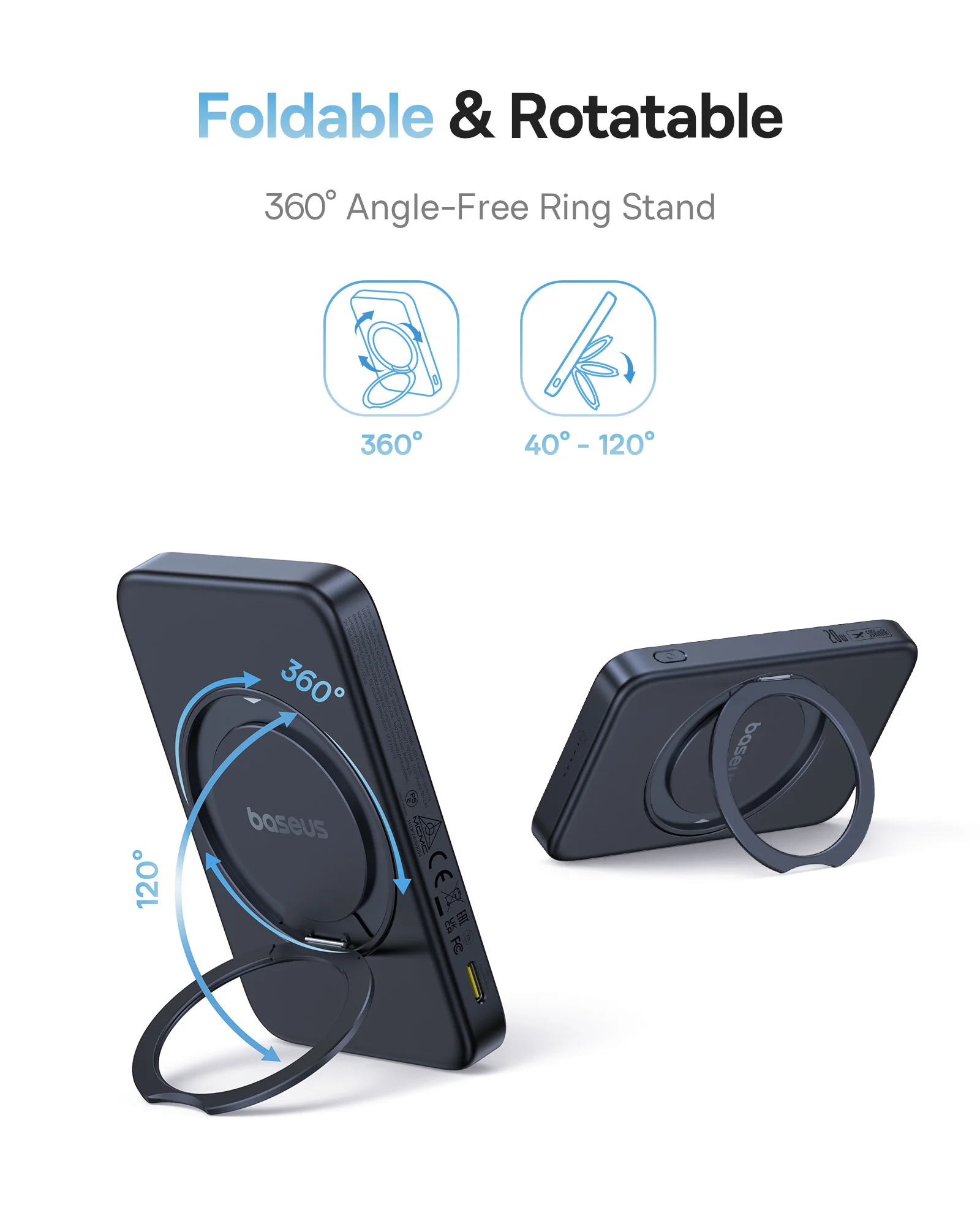 Baseus 5000mAh Magnetic Power Bank 360° Kickstand Wireless Qi2 15W, PD Wired 20W Charging External Battery For iPhone 17 Samsung