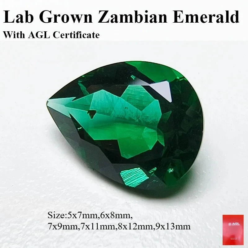 

Lab Grown Zambian Emerald- Hydrothermal,Pear Shape Hand-Cut, Selectable AGL Certificate For Jewelry Making
