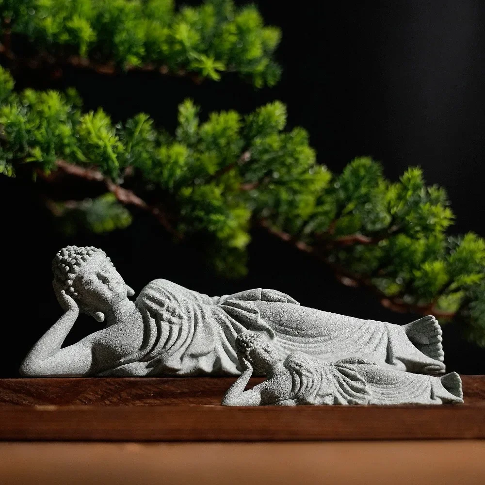 Buddha Reclining Meditating Carving Statue Feng Shui Collectibles Figurine for Home Garden Bonsai Fish Tank Desk Yard Decoration