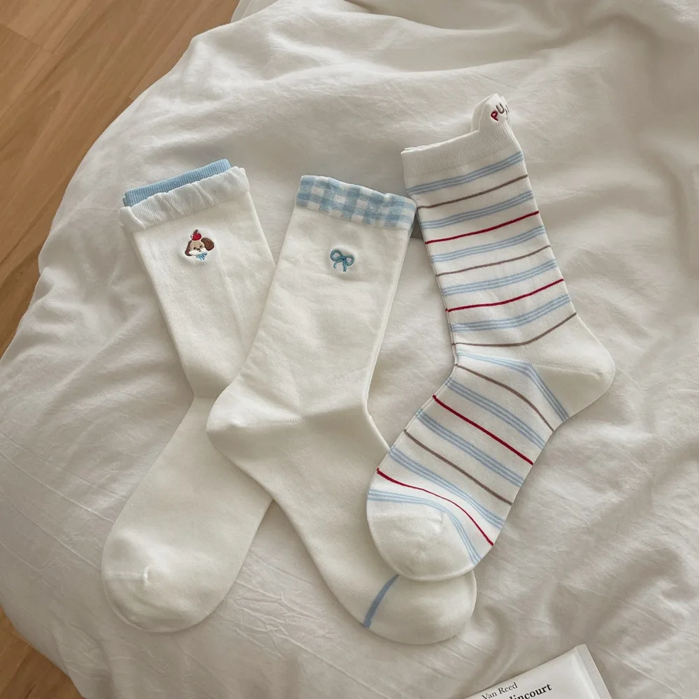 Cartoon Puppy Embroidery Cute Socks Women Korean Casual Striped Women Socks College Style Japanese Kawaii Medium Tube Socks Gift
