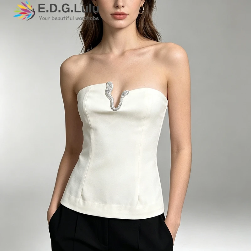 EDGLuLu Fashion Design New Diamond Studded Patchwork Strapless Vest Top Woman Sleeveless Backless Black Strapless Top 0515