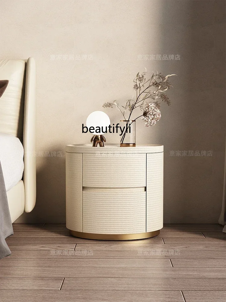 

Italian Affordable Luxury Style Bedside Table Home Bedroom High-Grade Oval Leather Simplicity Design Storage Cabinet Furniture