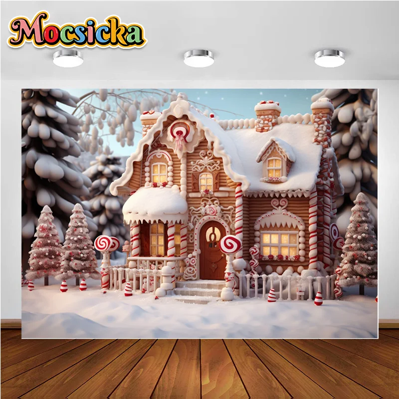 Mocsicka Christmas Winter Gingerbread House Snow Backdrop Xmas Trees The Snow Piles Up Outside the House Photo Studio Background