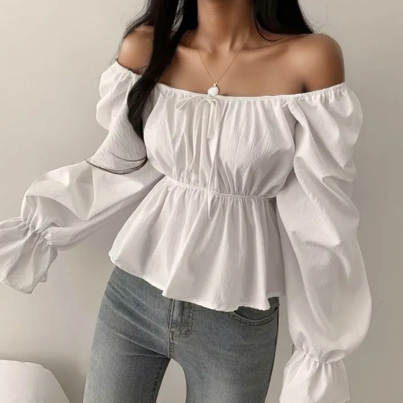 Elegant Bow Tied Flared Long Sleeve Women Blouse Square Neck Slim Waist Belt Shirt Korean Style Ruffle Casual White Tops Blusas