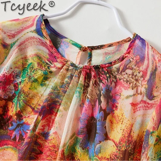 Tcyeek Real Mulberry Silk Top Female Spring Summer Elegant Blouses for Women 2024 Long Sleeve Pullover Print Fashion Blouse