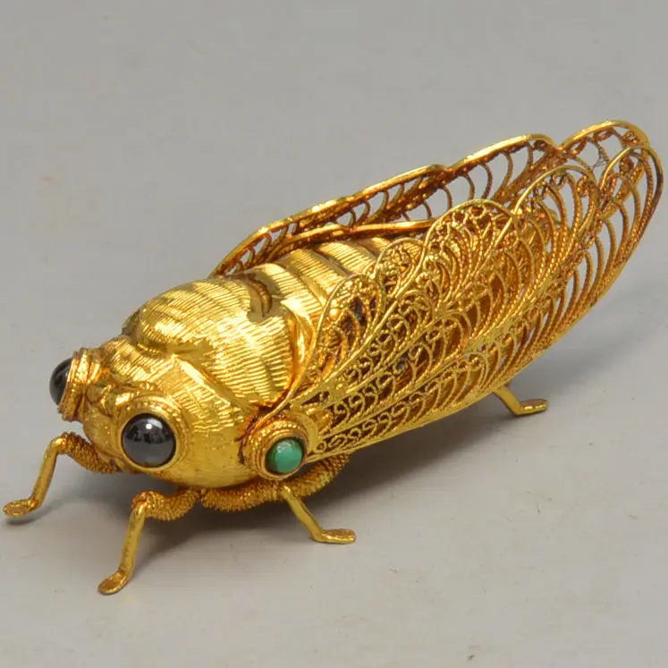 Antique gold cicada ornaments, high-end gilded flower silk inlaid with green treasure, all handmade statues