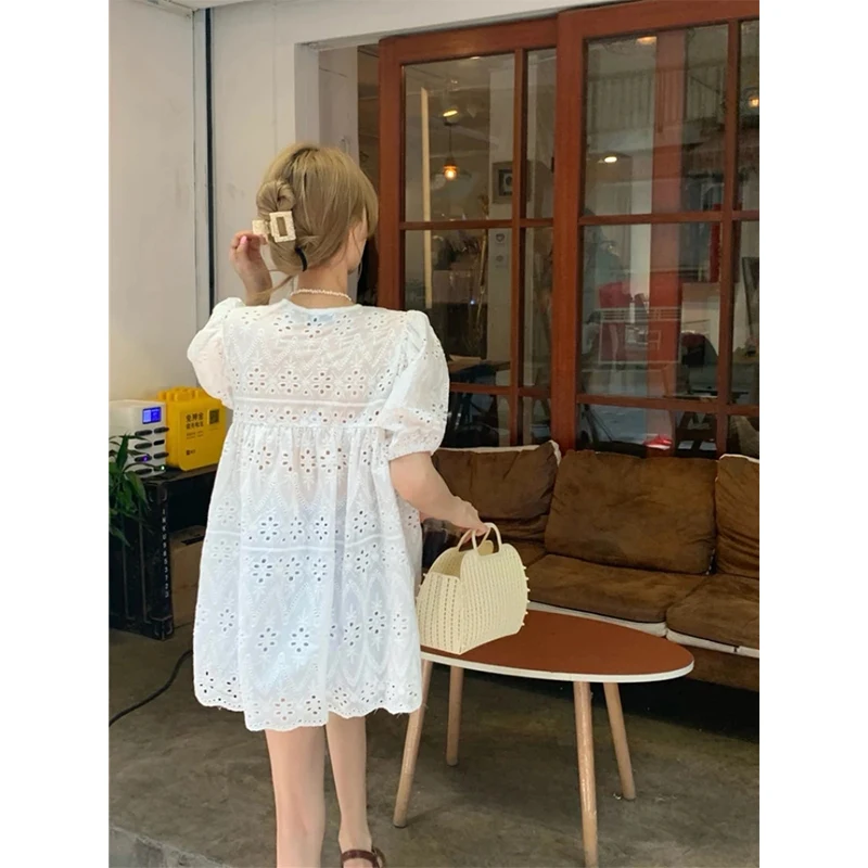 MEXZT Sweet White Blouses Women Elegant Hollow Out Lace Up Shirts Summer Streetwear Korean Puff Sleeve Baggy Casual Chic Tops