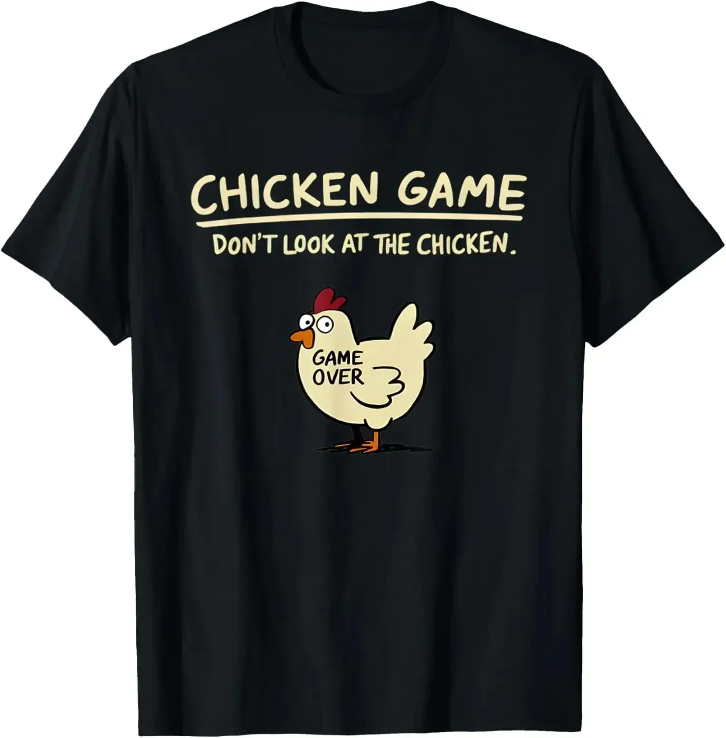 

Men Loose T Shirts Chicken Game Text Cartoon Chicken Print Black Casual Graphic Tees Soft Comfort Trendy Fashion Humor Tops