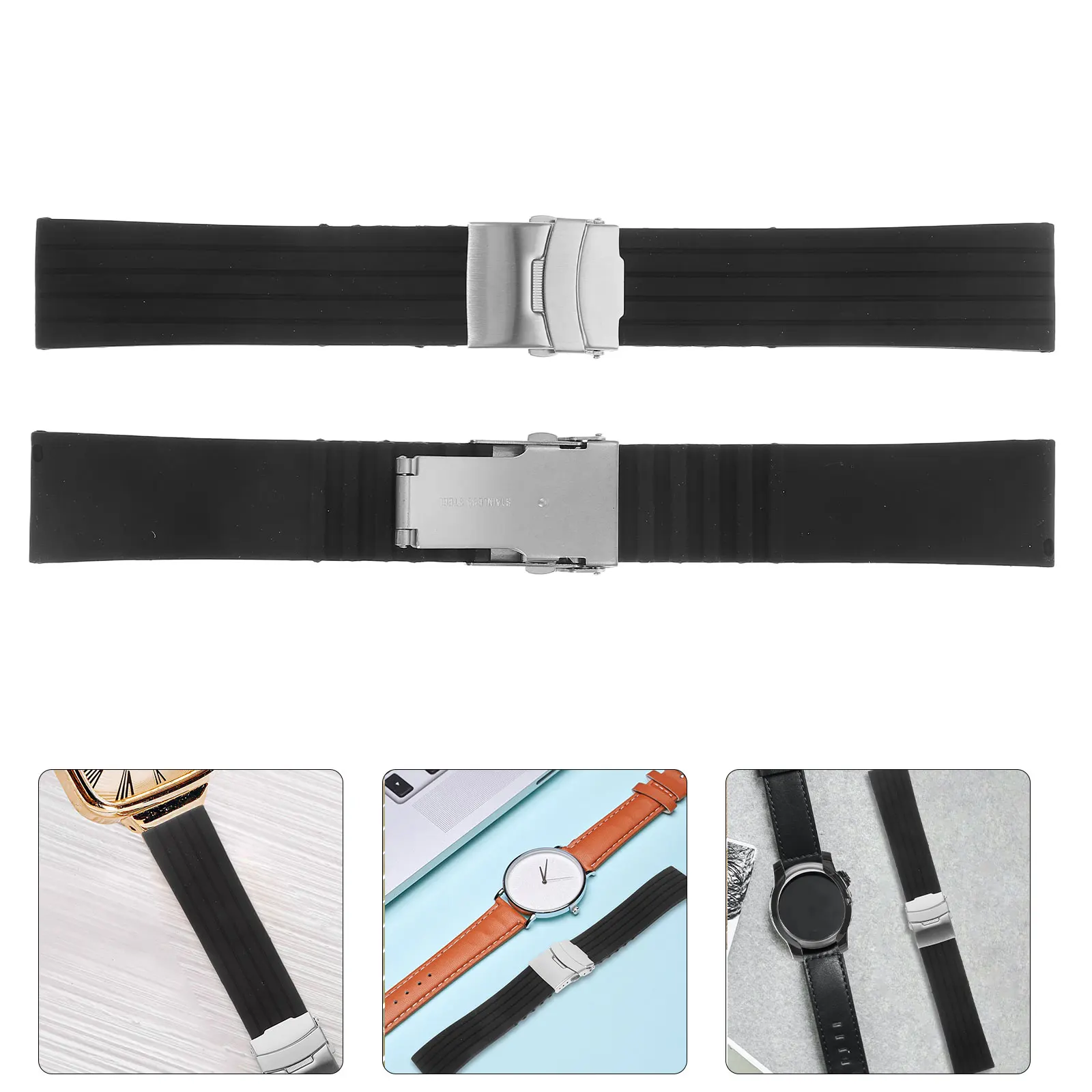 

2pcs Silicone Watch Belt Watch Replacement Strap Watch Wristband Waterproof Foldable Stripes Design (Black 24mm)