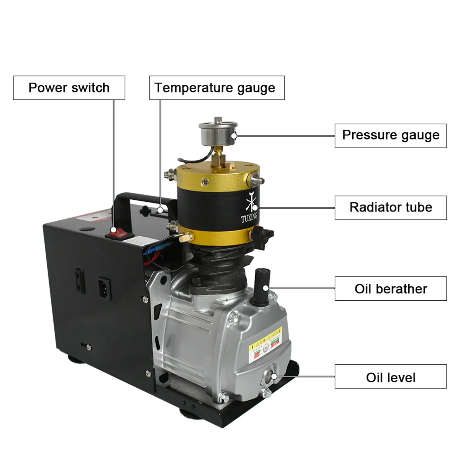 Imagem -04 - Tuxing-pcp Compressor de ar para Inflador de Mergulho Alta Pressão Elétrica com Parada Automática Tanque de Mergulho Txes012 4500psi 300bar