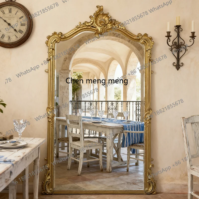 

French retro fitting mirror full body decorative mirror carved villa floor-to-ceiling wall-mounted dressing mirror
