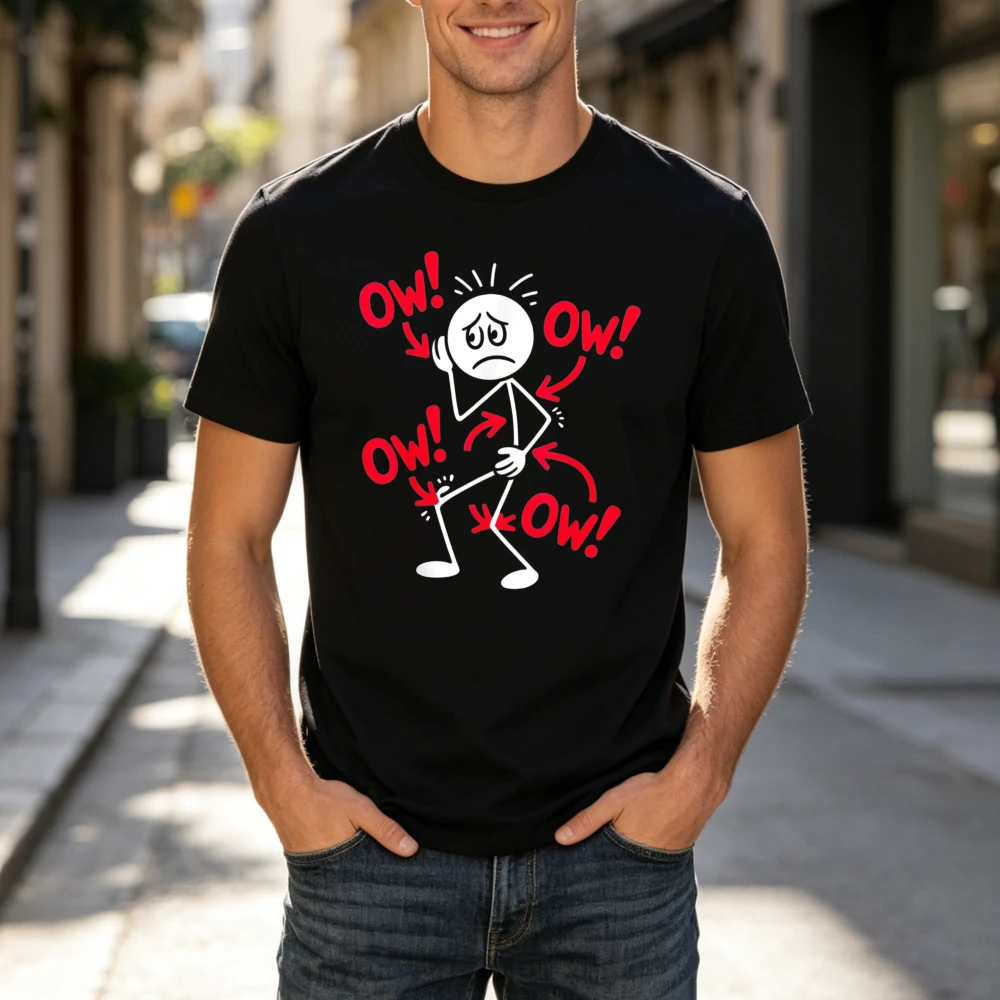 Stick Figure Ow Exclamations Arrows Graphic T Shirt Funny Canadian Cartoon Fashion Casual Top