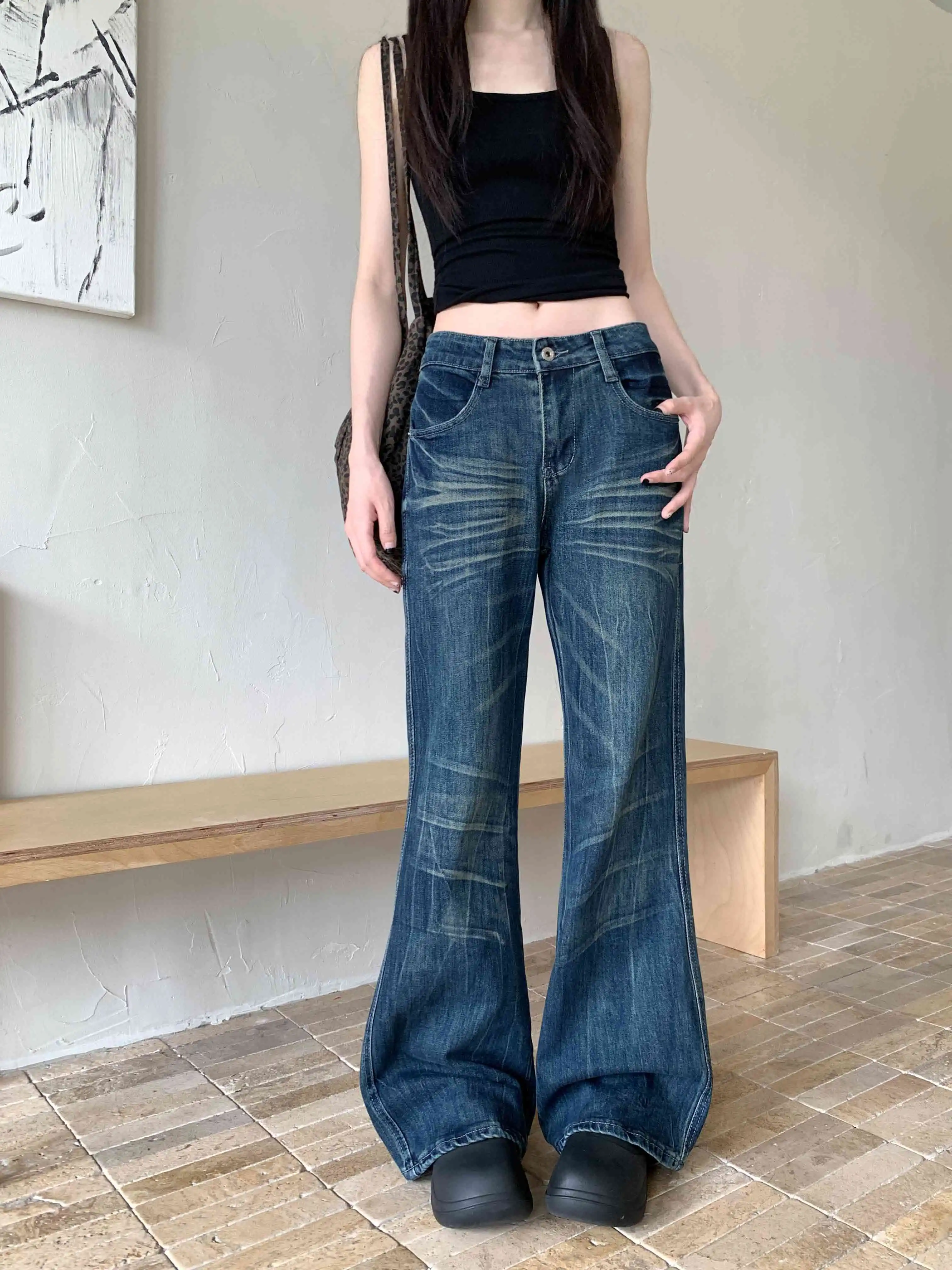 2026 Women American Vintage Washed Whiskering Flare Jeans Draped Wide Leg Long Pants Retro Distressed Trendy Denim Trousers