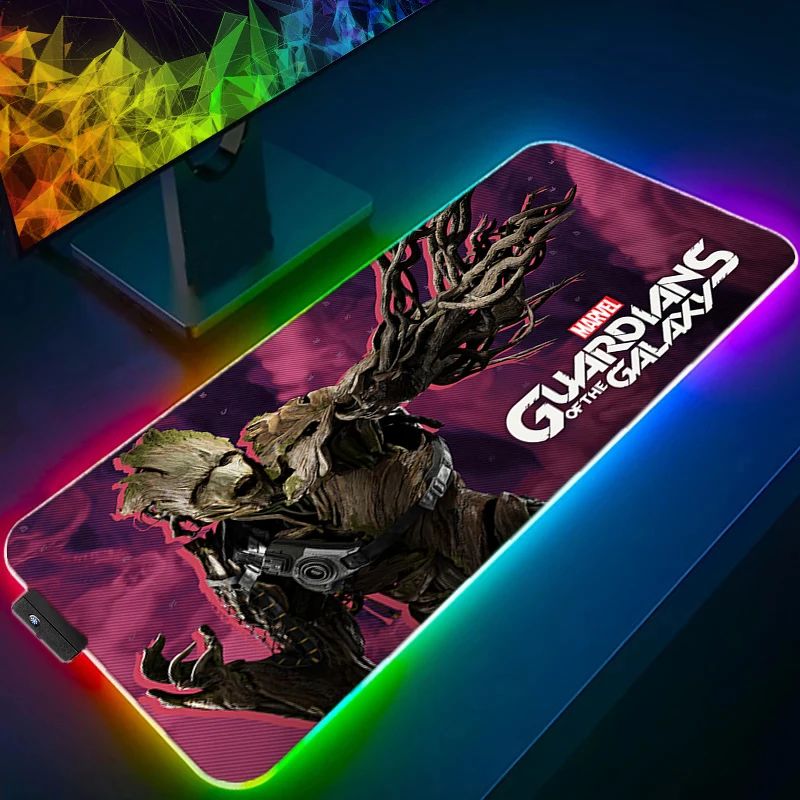 

Коврик для мыши Groot со светодиодной RGB-подсветкой, резиновый коврик для мыши с закругленными краями и узором Galaxy Guard, игровой Настольный коврик для клавиатуры