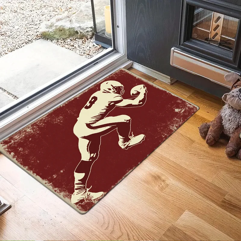 1pc Vintage American Football Player Silhouette Doormat - 0.47inch Thick Flannel, Non-Slip & Machine Washable, Artistic Sports S