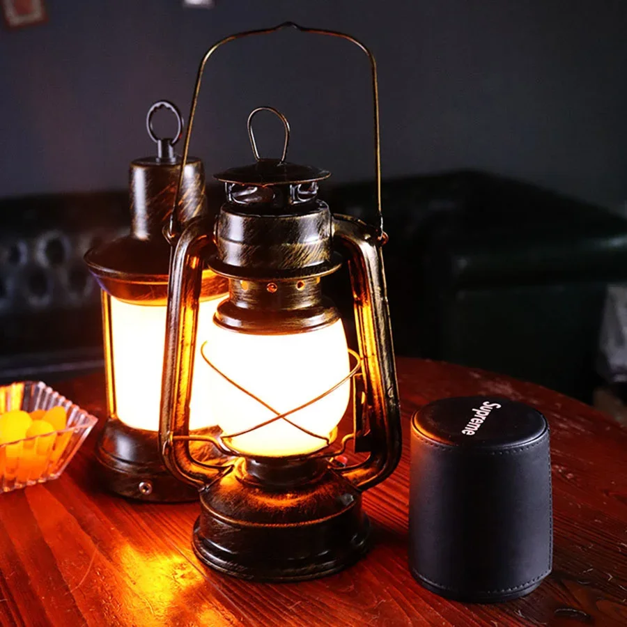 Iron Vintage Kerosene Camping light Lantern Creative Bedroom Table Night Lights Rechargeable Bar Restuarant Hotel Flame Oil Lamp