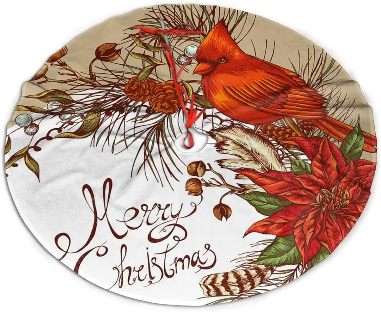 Christmas Tree Skirt Mat Vintage Retro Merry Chrsitmas Cardinal Bird Flower Xmas Decorations Holiday Party Ornaments