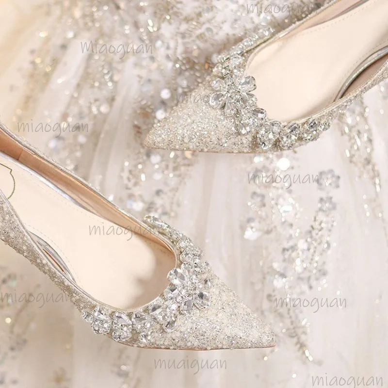 Silver 8CM Heels Ladies Engagement Wedding Shoes Crystal Bride High Heels Fashion Elegant Women's Banquet Dress Shoes Tacones