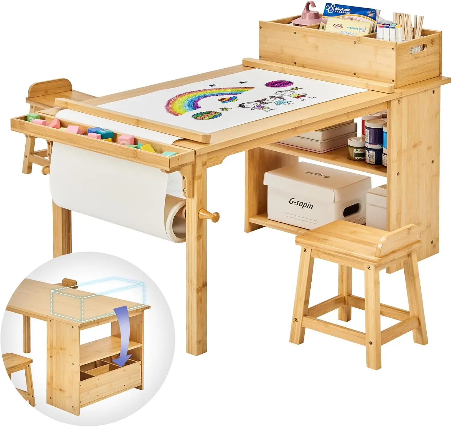 Drawing and Art Table & Chair Set for Toddlers - Portable Craft Supplies Organizer and Storage Shelves, Canvas Bins, Paper Roll