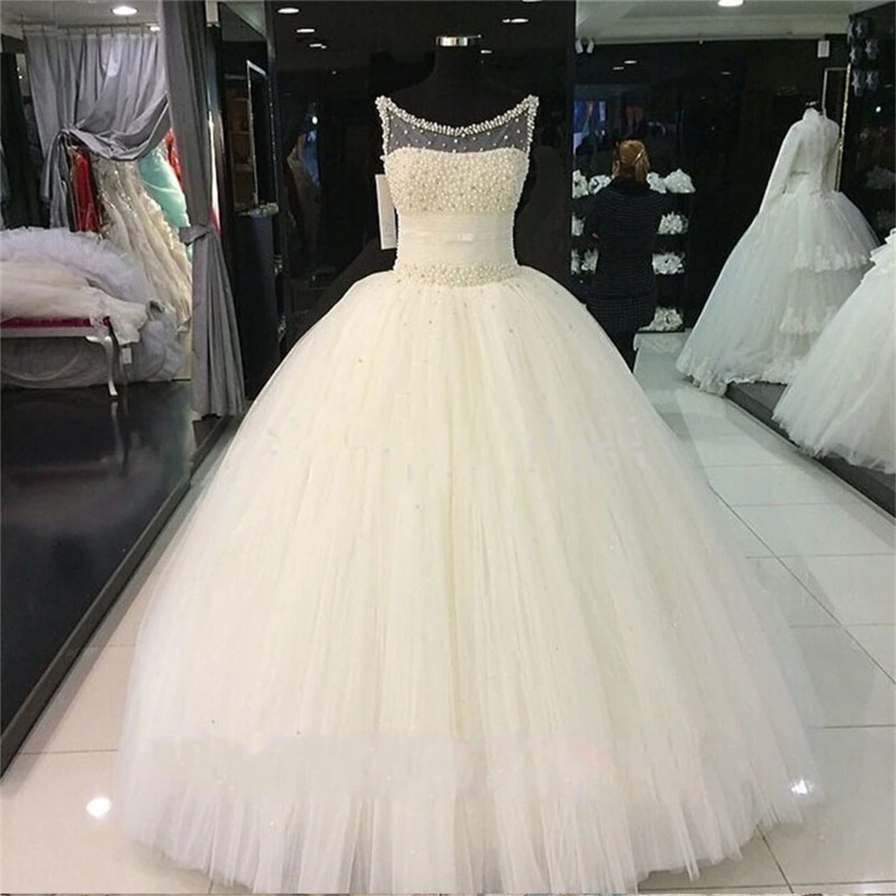 

ZJ9079 Elegant Pearls Strapless Wedding Dress Delicate Princess Women Back Bride Dresses Court Train Ball Gown