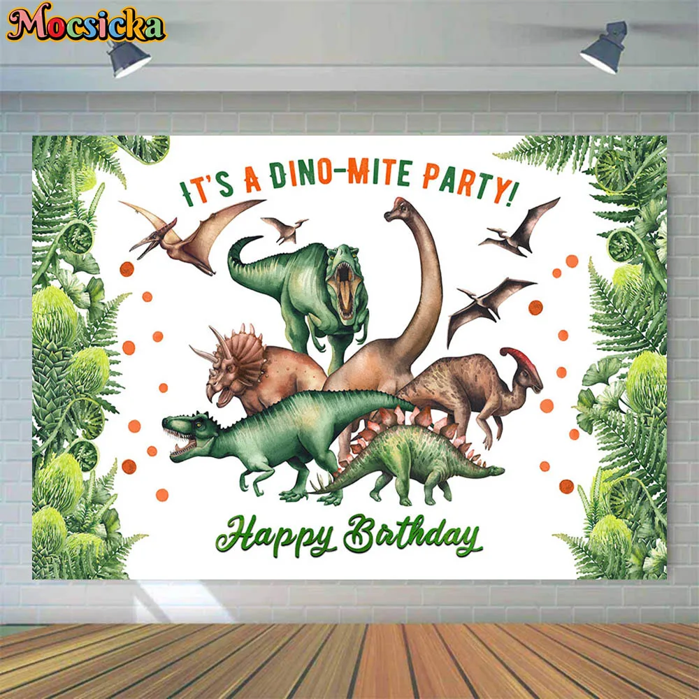 Mocsicka Dinosaur Theme Boy Happy Birthday Backdrop Jurassic Forest It's a Dino-Mite Party Photography Backgrounds Studio Props