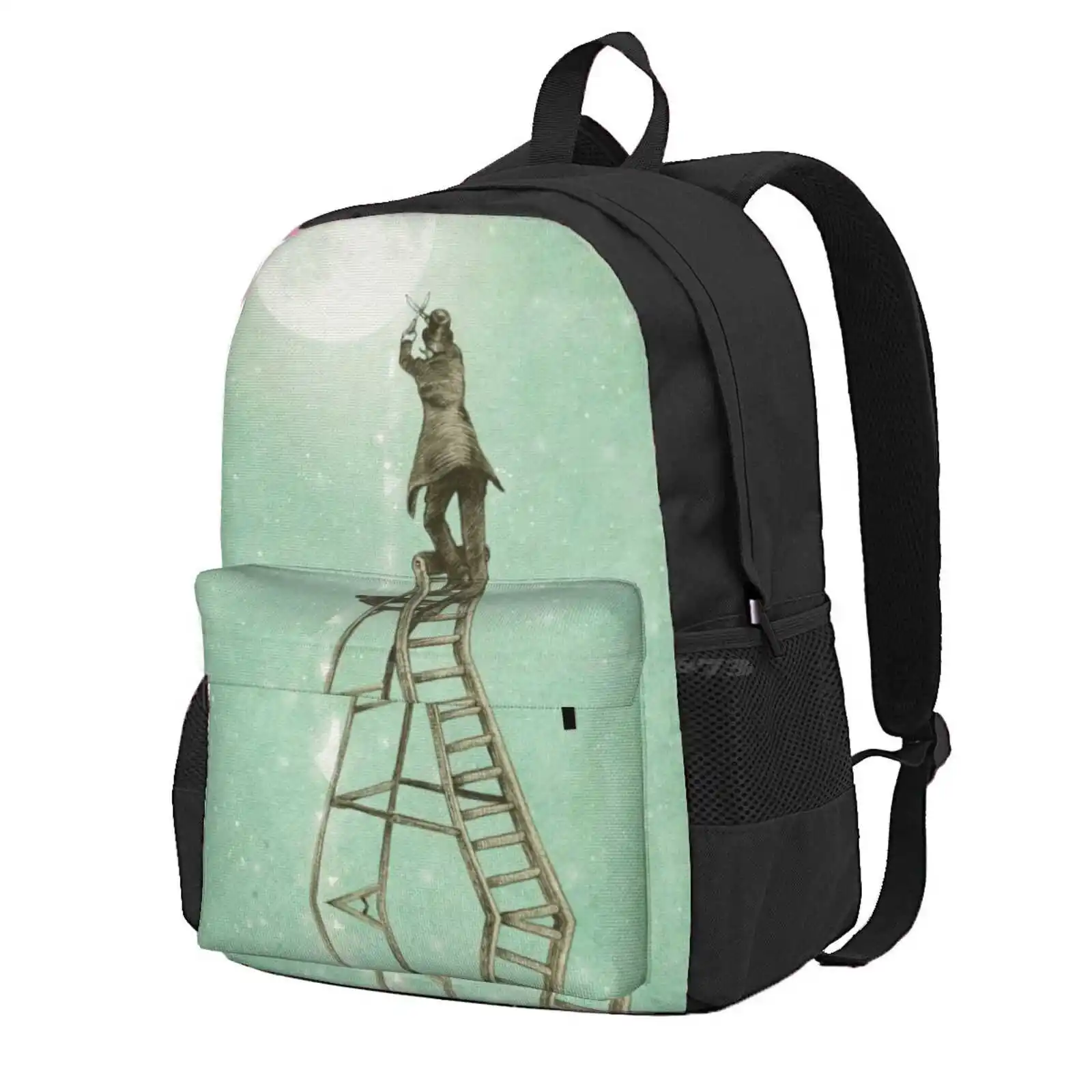 Waning Moon Hot Sale Schoolbag Backpack Fashion Bags Moon Stars Vintage Victorian Ladder Green Night Sky Opifan