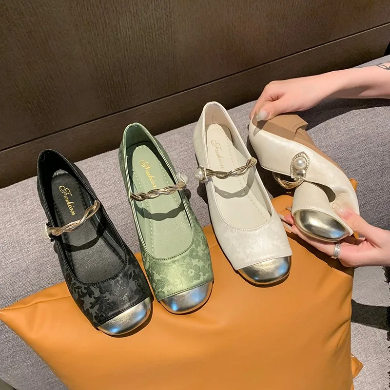 Aphixta Elegant Flower Upper Diamonds Pearl Flats Shoes Shallow HooK Loop Loafers Woman Green Cool Shoes Soft Sole Ladies Shoes