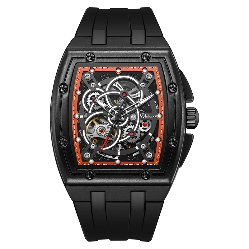 

Dulunwe 6052, мужские часы, водонепроницаемые механические часы с циферблатом Tonneau, мужские полые полностью автоматические деловые мужские часы