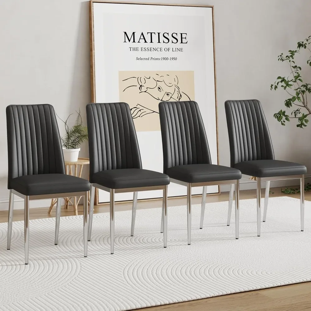 

Metal Chairs, Modern Dining Chair Set of 4 with PU Leather and Chrome Leg High Back, Contemporary Seating Set w/Ergonomic Suppor
