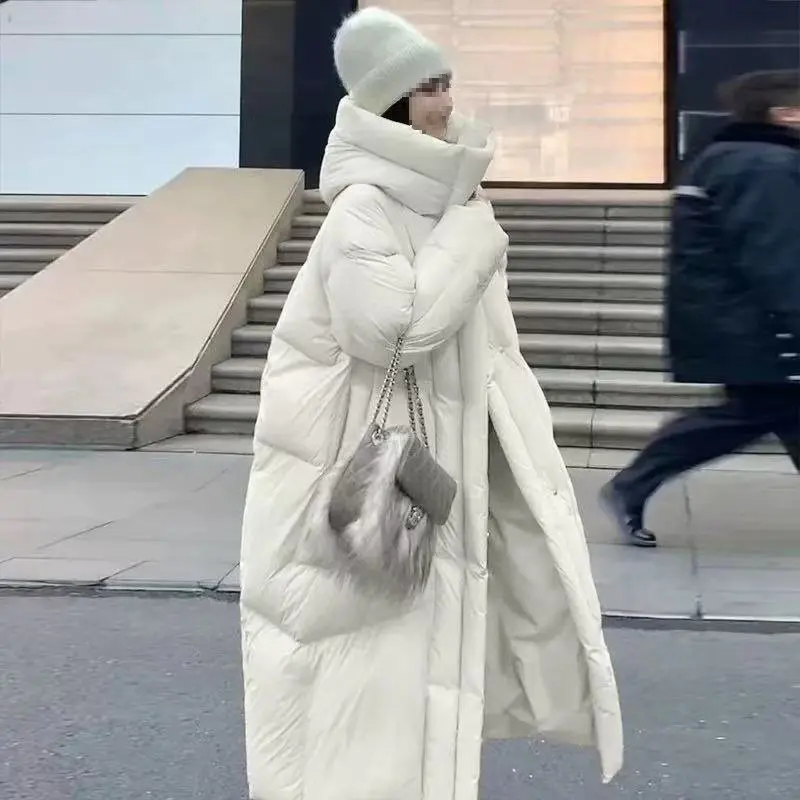 

Winter Hooded Solid Long Down Jacket Women White Duck Down Loose Knee Length Down Jacket Female Thick Warm Outdoor Parka Outwear