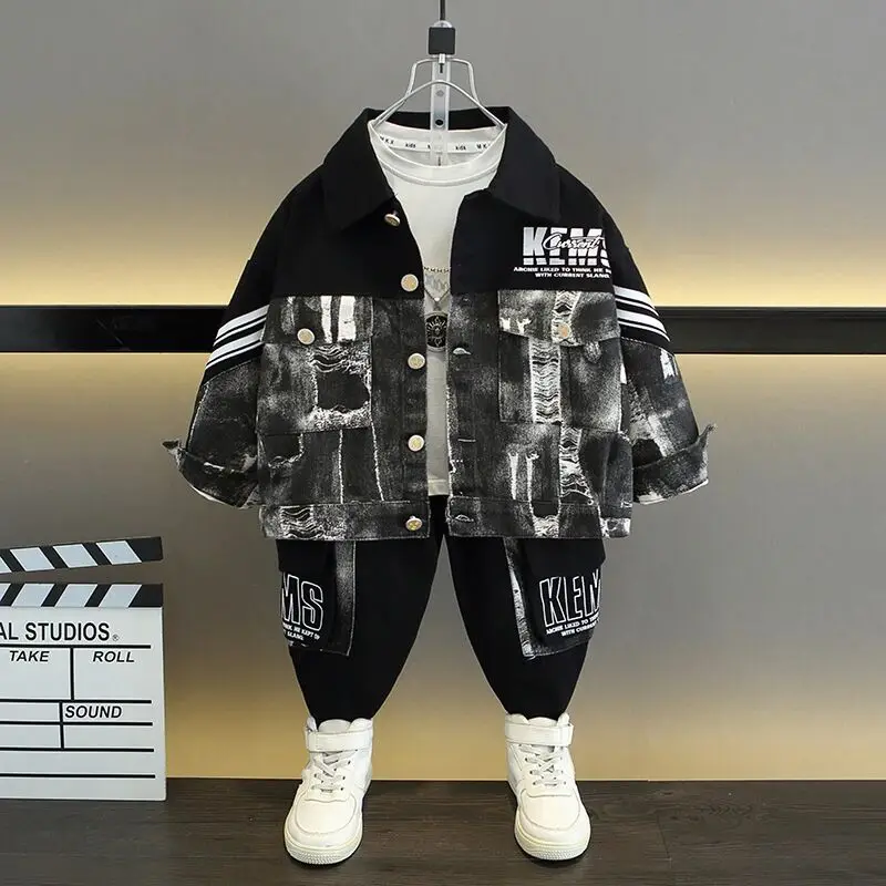 

3-15 Yrs Teen Boys Denim Jeans Set 2025 New Spring Autumn Children's Fashion Coat+Jeans Boy Kid Casual Loose Two Piece Set