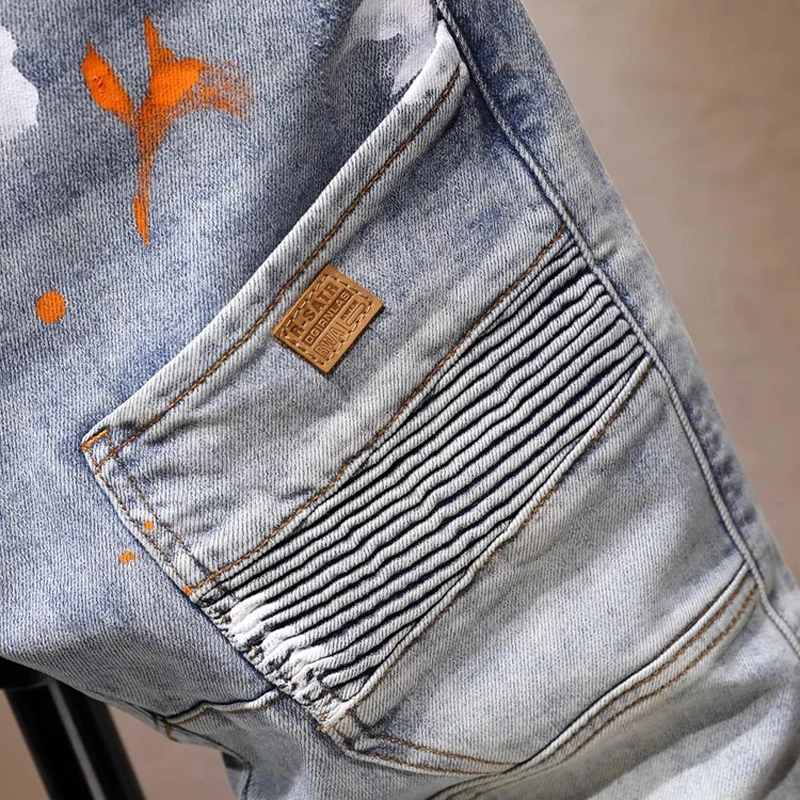 Street Designer Fashion Men Jeans Retro Washed Blue Stretch Slim Fit Multi Pockets Denim Cargo Pants Painted Hip Hop Biker Jeans