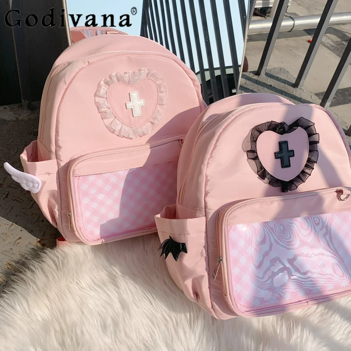 ミーンシリーズオリジナルロリータウォーターピンクダブルショルダーペインバッグ大容量和風女子大生JK制服スクールバッグ