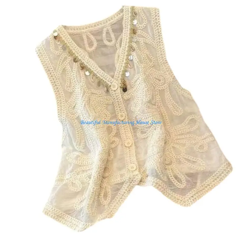 E56A المرأة خمر الكروشيه التطريز أكمام سترة سترة الخامس الرقبة شرابات زر الجبهة قطع علوية بدون أكتاف عطلة صدرية #3