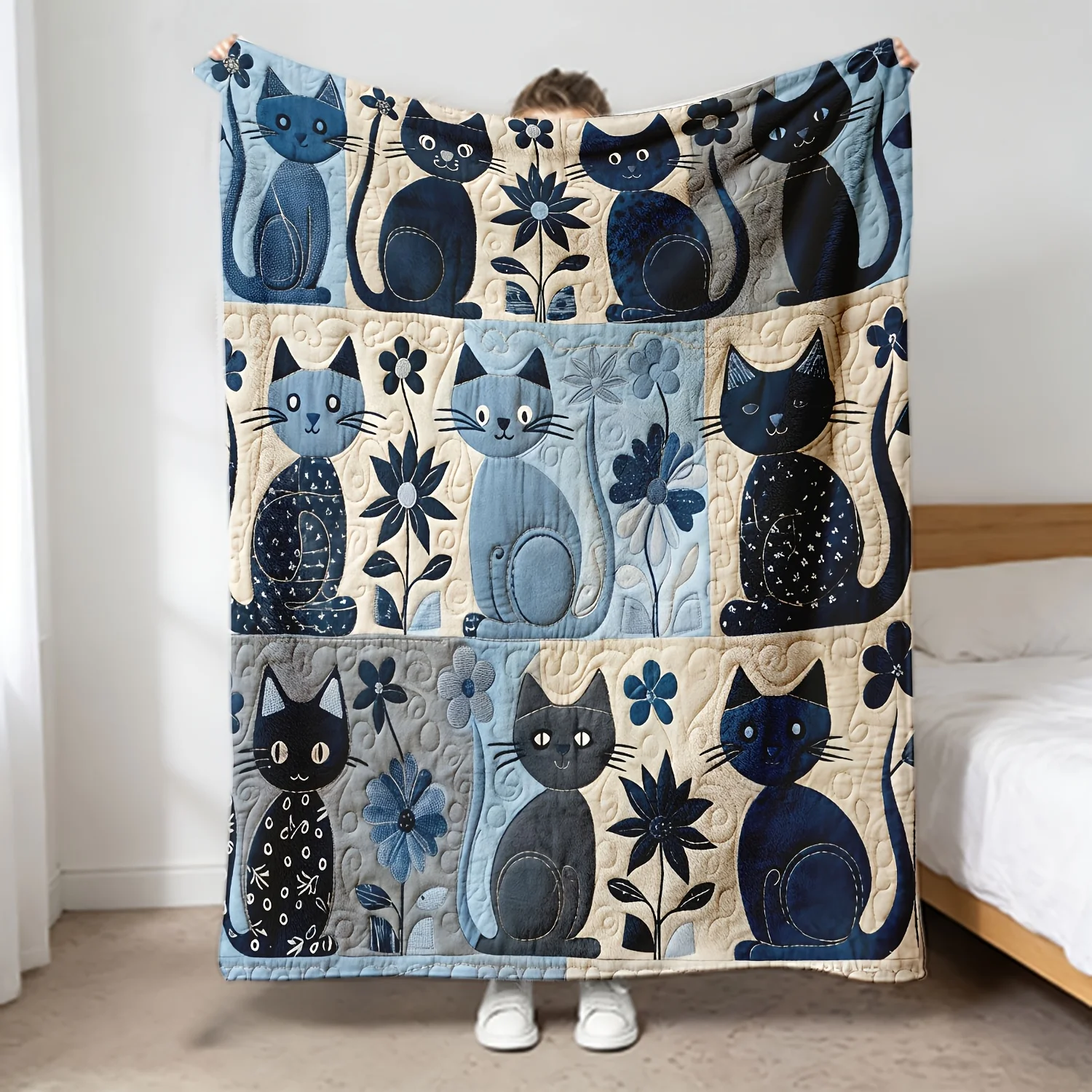 Vintage Black Cat Slogan Blanket Cartoon Kitten Sayings Patchwork Flannel Throw Blanket  Perfect Gift for Cat Mom