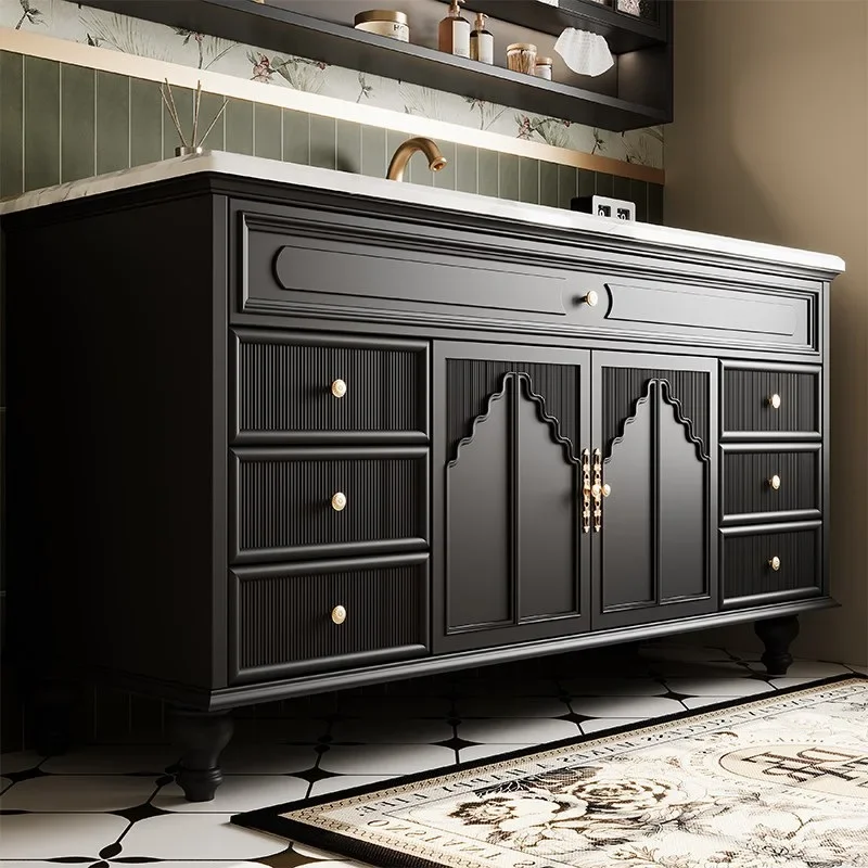 French retro oak bathroom cabinet set o combined bathroom rock slab ceramic integrated basin washstand luxury stone wash hands a