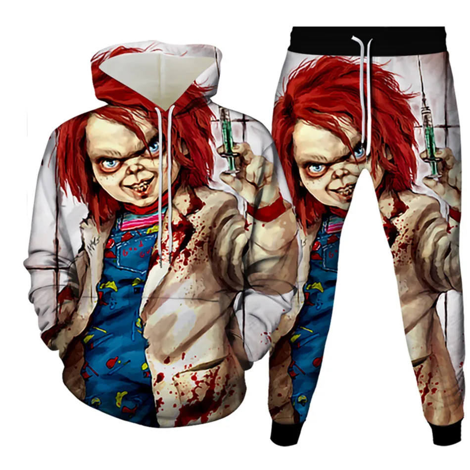 Horror Chucky nadruk Anime dres męski ubrania Plus rozmiar S-6XL kobiet Halloween Punk bluzy + spodnie 2 szt. Sportwea