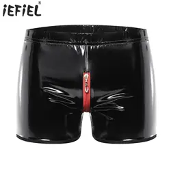 Mens Lingerie Latex Patent Leather Short Pants Openable Crotch Boxer Underwear Elastic Waist Zipper Button Shorts Nightwear