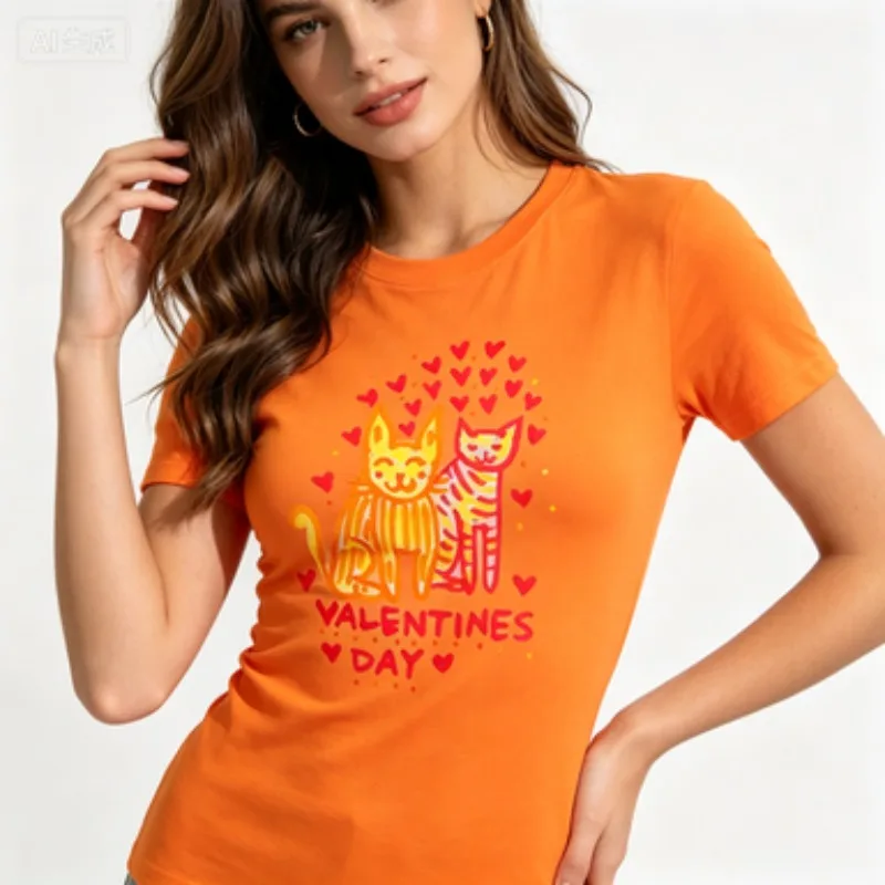 Women Slim‑fit Round Neck Short‑sleeve T‑Shirt Hand‑drawn Couple Cats Hearts Valentine's Day Cute Holiday Graphic Female Tops