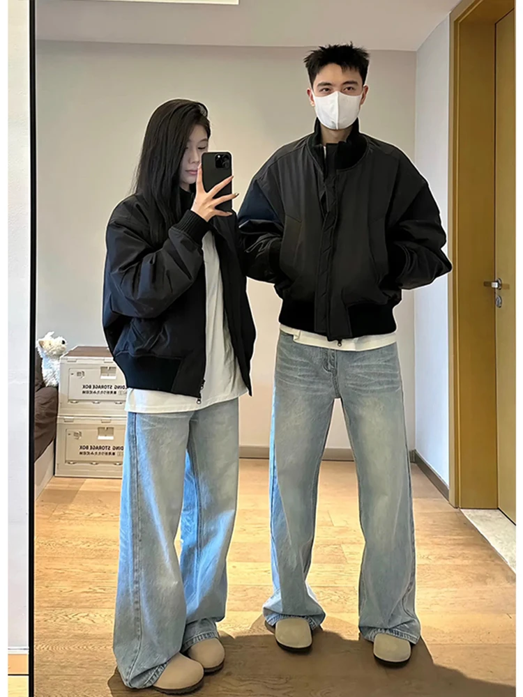 You Lun Men Winter Cotton Jacket Short Baseball Style Pilot Coat Men's Black Stand Collar Casual Loose Fit Teenage Fashion