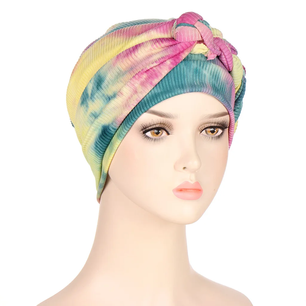 

African Women's Turban Head Wraps Tie Dye Braid Ruffle Beanie Cap Chemo Pre-Tied Print Stretch Head Cover