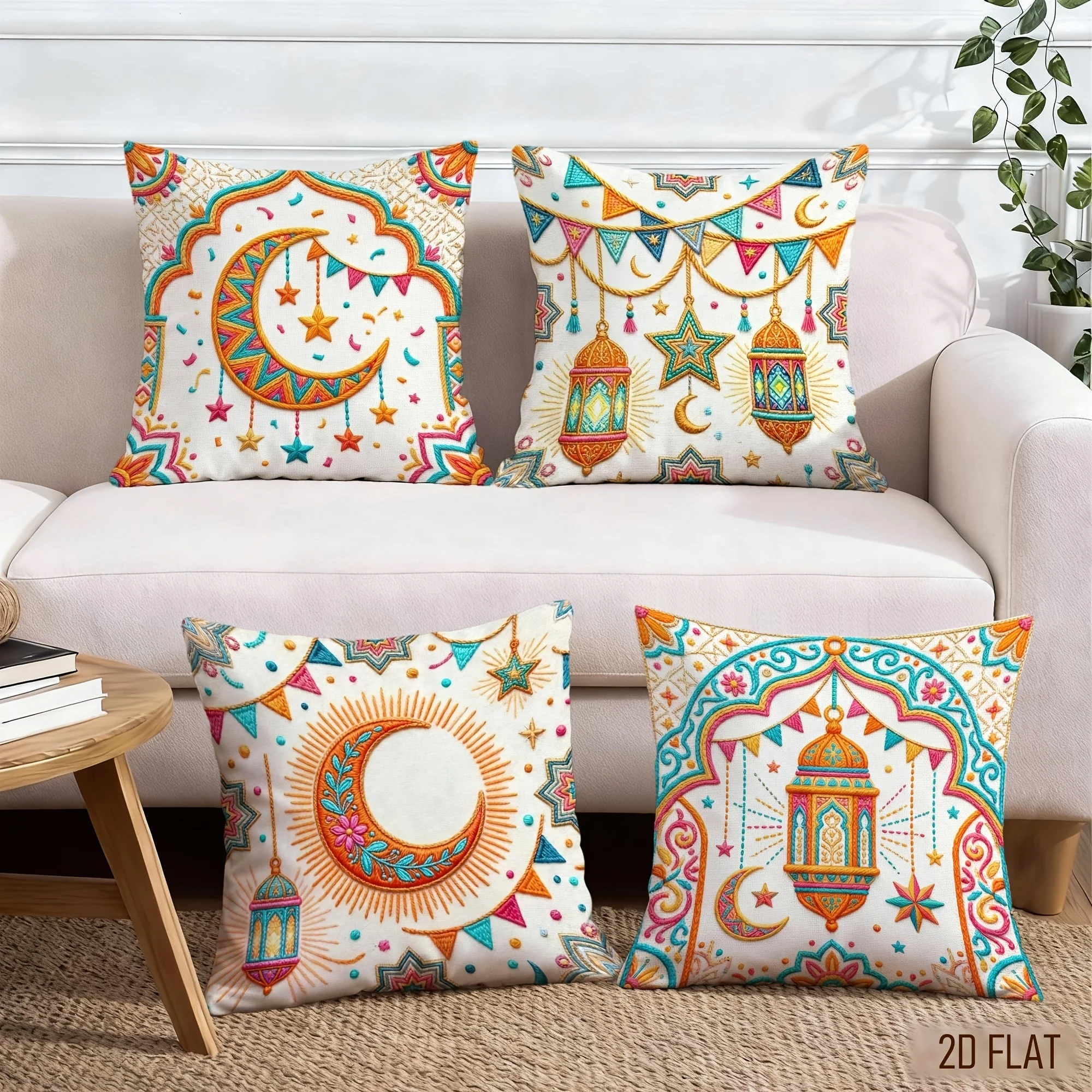 4pcs Ramadan Cushion Cover Embroidery Moon Star Lantern Printed Pillow Case Polyester Home Decor Sofa Living Room 2D Flat